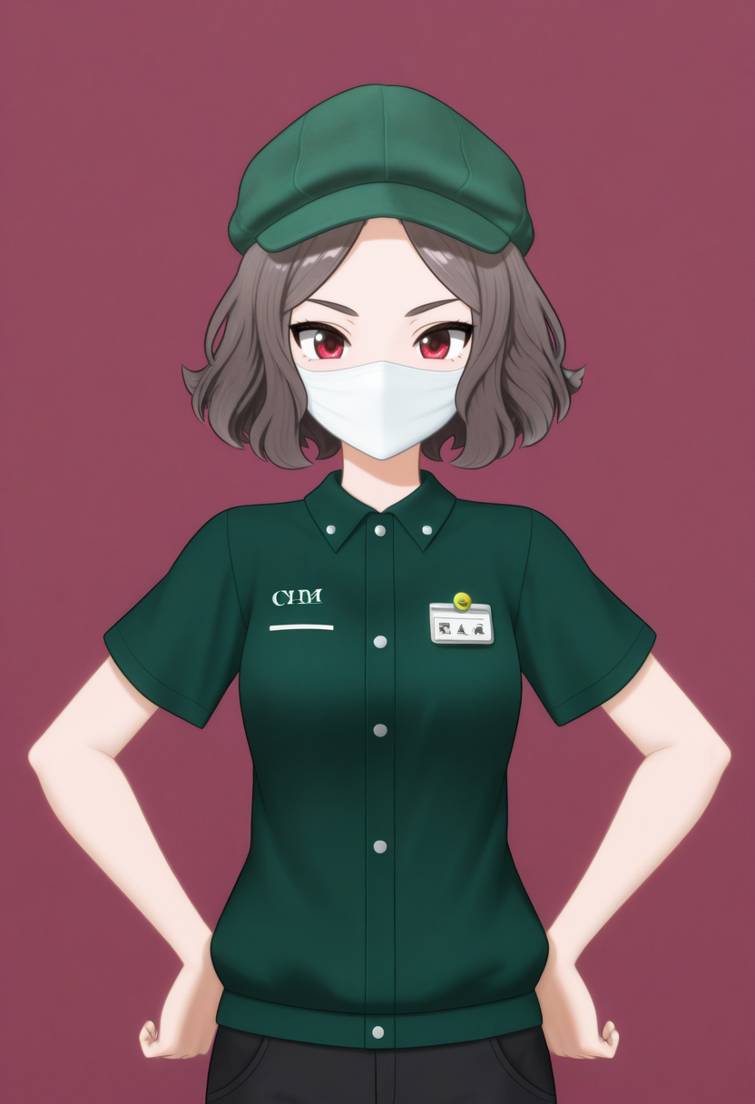 (best quality:1.1),ultra-detailed,high resolution,super detailed skin,beautiful detailed eyes,8k,sharp focus,beautiful,beautiful eyes,anatomically correct,anatomically correct face,extremely detailed eyes,smooth edges,beautiful face,symmetrical eyes,symmetrical face,
<lora:TOMO_v2_illustrious-000040:1>,
GBC_TOMO,1girl,solo,hat,green headwear,short hair,white mouth mask,brown hair,facemask,shirt,employee uniform,green shirt,short sleeves,red eyes,wavy hair,green beanie,simple_background,black pants,standing,cowboy_shot,hands_on_hips