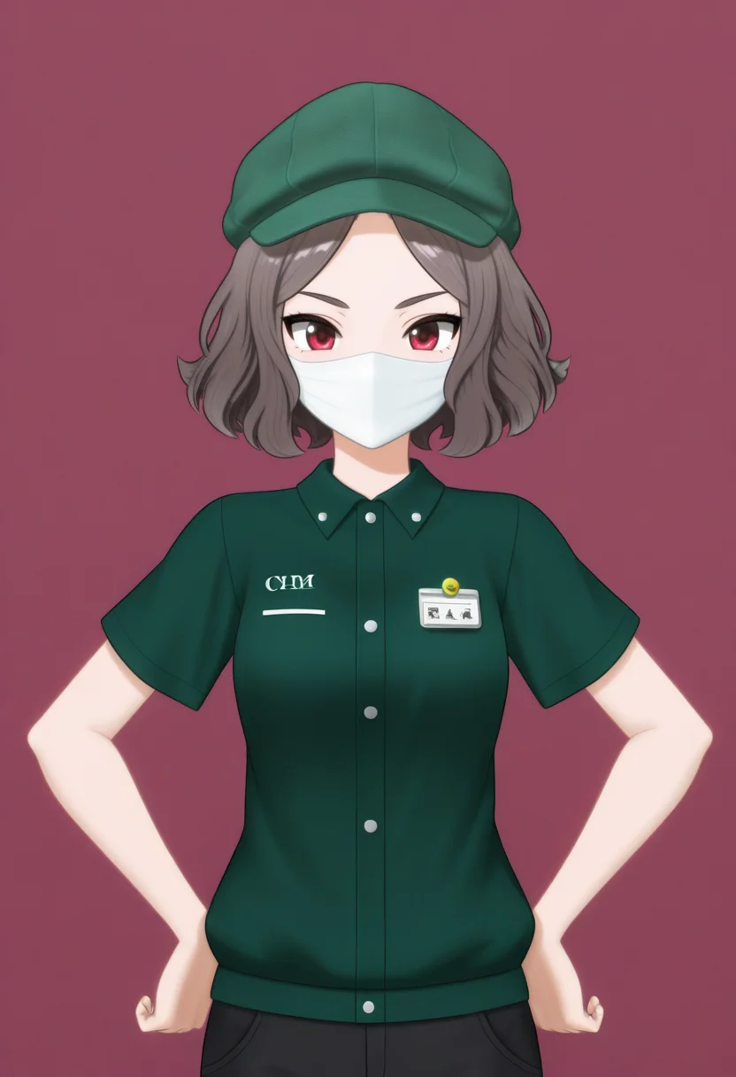 (best quality:1.1),ultra-detailed,high resolution,super detailed skin,beautiful detailed eyes,8k,sharp focus,beautiful,beautiful eyes,anatomically correct,anatomically correct face,extremely detailed eyes,smooth edges,beautiful face,symmetrical eyes,symmetrical face,
<lora:TOMO_v2_illustrious-000040:1>,
GBC_TOMO,1girl,solo,hat,green headwear,short hair,white mouth mask,brown hair,facemask,shirt,employee uniform,green shirt,short sleeves,red eyes,wavy hair,green beanie,simple_background,black pants,standing,cowboy_shot,hands_on_hips