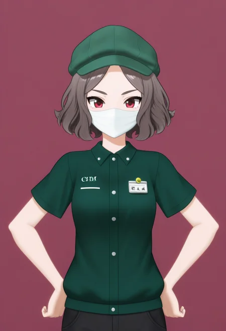 (best quality:1.1),ultra-detailed,high resolution,super detailed skin,beautiful detailed eyes,8k,sharp focus,beautiful,beautiful eyes,anatomically correct,anatomically correct face,extremely detailed eyes,smooth edges,beautiful face,symmetrical eyes,symmetrical face,
<lora:TOMO_v2_illustrious-000040:1>,
GBC_TOMO,1girl,solo,hat,green headwear,short hair,white mouth mask,brown hair,facemask,shirt,employee uniform,green shirt,short sleeves,red eyes,wavy hair,green beanie,simple_background,black pants,standing,cowboy_shot,hands_on_hips