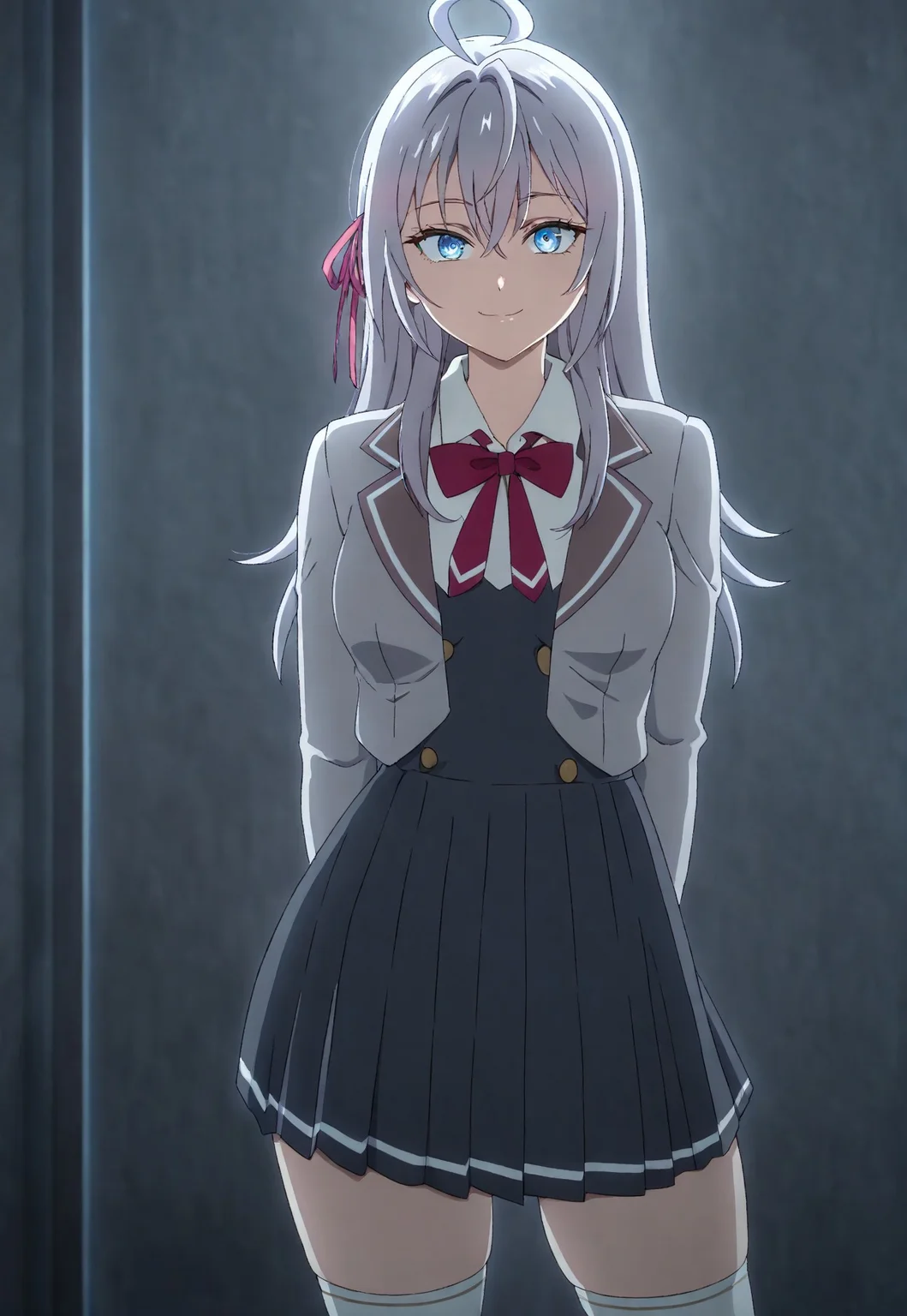 detailed, sinfully stylish, dramatic lighting, long shadows, soft light, contrapposto, anime, 1girl, solo, blue eyes, grey hair, ahoge, school uniform, dark grey pleated dress, grey jacket, white thighhighs, hair ribbon, staring at viewer, smiling, wide hips, standing