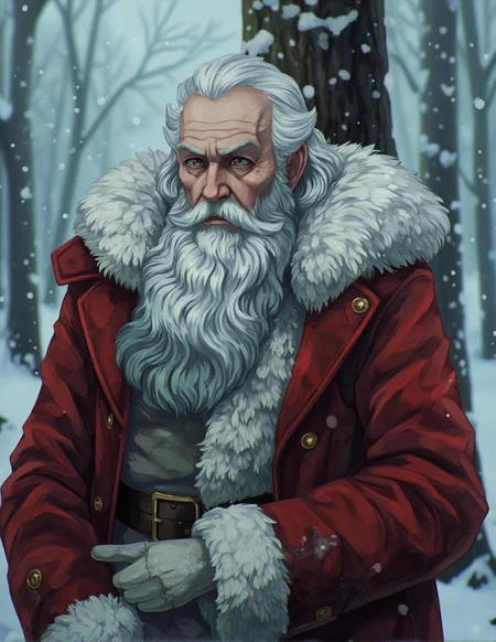 <lora:ck-LttleGhost-000011.safetensors:1> in the style of ck-lttlegh0stSubject: An elderly white man with flowing white hair and beard wears a classic Santa Claus outfit in a frosty forest.
Setting: A serene winter scene with a blurred background of a frosty forest, creating an atmosphere that is both festive and somber.
Wardrobe: The subject's outfit consists of a red velvet jacket with fur-trimmed hood and white gloves. His expression is serious and grim, adding to the overall mood of the image.