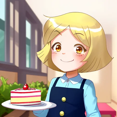 <lora:TotallySpies-16:0.8>, 1girl, toddler, 4yo little girl, preschool, eating a cake, smiling, blushing, shy, blonde short hair, chuby, chibi