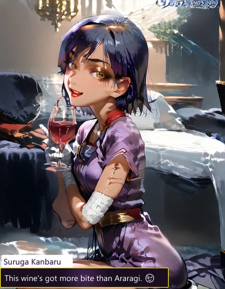 score_9_up, score_9, score_8_up, score_7_up, rating_explicit, 1girl, sexy 18 year old female, tight butt, short, small breasts, petite body, g0thicPXL, bedroom, elegant purple dress, holding a glass of wine, glass of burgundy wine, sipping on wine, jewelry, eyeshadow, mascara, lipstick, blushing, sitting, legs crossed, Suruga Kanbaru, Short, black hair, Yellow eyes, Bandages on left arm, Athletic build, Tomboyish style, Gap in teeth, Dark skin tone, Scars on arms, Casual clothing, Sneakers, Suruga, short hair, black hair, brown eyes, school uniform,