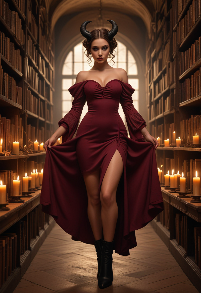 (medium full shot) of  (angelic demon) young woman, (Sleek obsidian horns curling sharply), arabian, green eyes, tan skin, curvy, tan skin, glowing red eyes, Medium, extra long hazel double buns hair,  wearing Elegant burgundy gown with off-the-shoulder sleeves, patterned stockings, high-heeled boots,  set in  Library of Lost Souls, Shadowy labyrinth of towering bookshelves, ancient tomes bound in human skin, flickering candles illuminating dusty manuscripts, whispered secrets echoing through the aisles, the scent of decaying parchment lingering in the air , at sunset, surprised, open mouth, running toward the viewer, Masterpiece,best quality, photorealistic, amazing quality, very aesthetic, extremely detailed face,