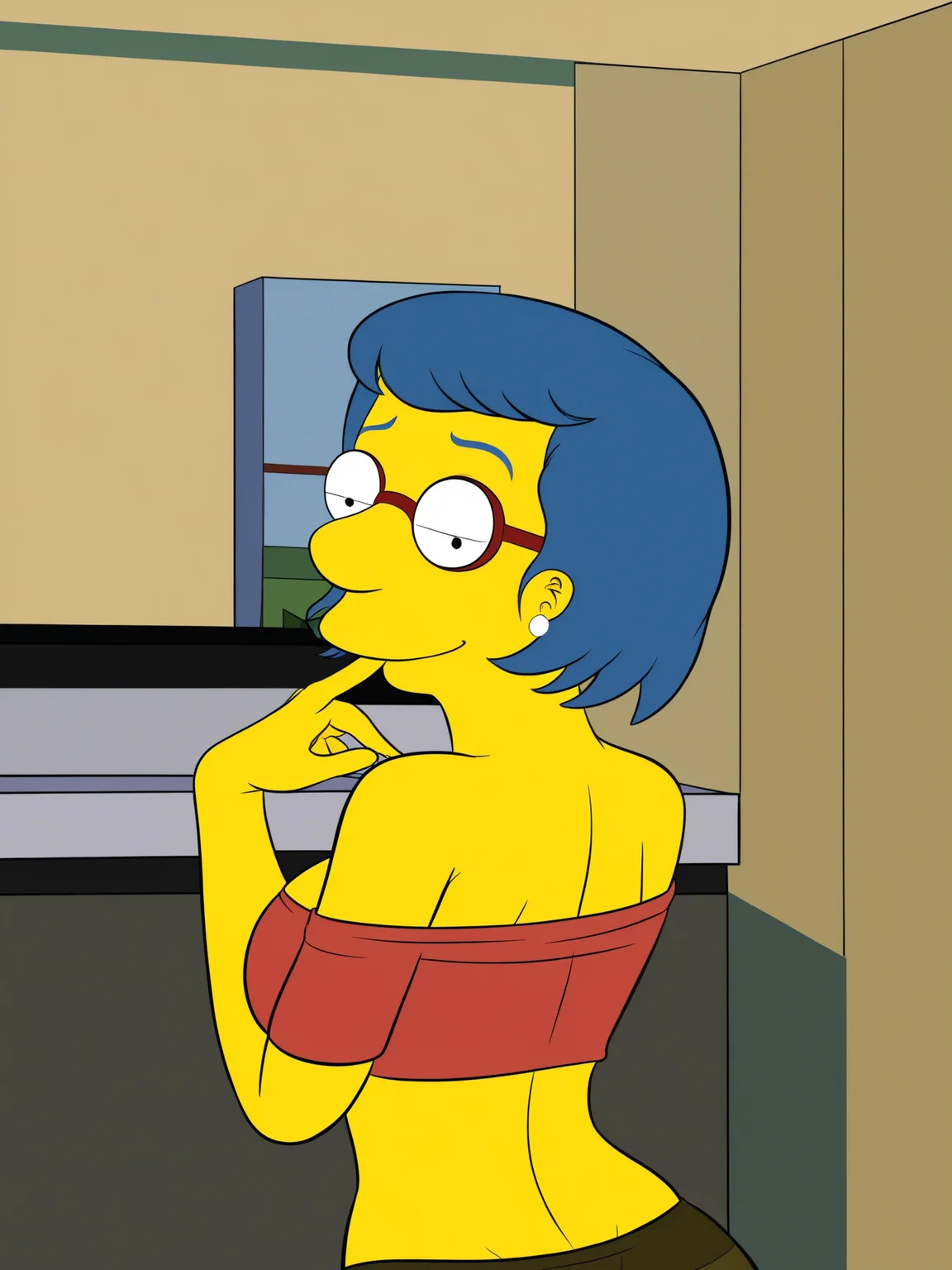 1girl, standing, looking back at viewer, uncensored, score 9 up, score 8 up,
 <lora:[CROC (The Simpson)] Old Habits Luann Character PonyXL:1>,luann_crocsimpsons, blue hair, glasses, short hair, smile, jewelry, cleavage, red-framed eyewear, large breasts, indoors, yellow skin,