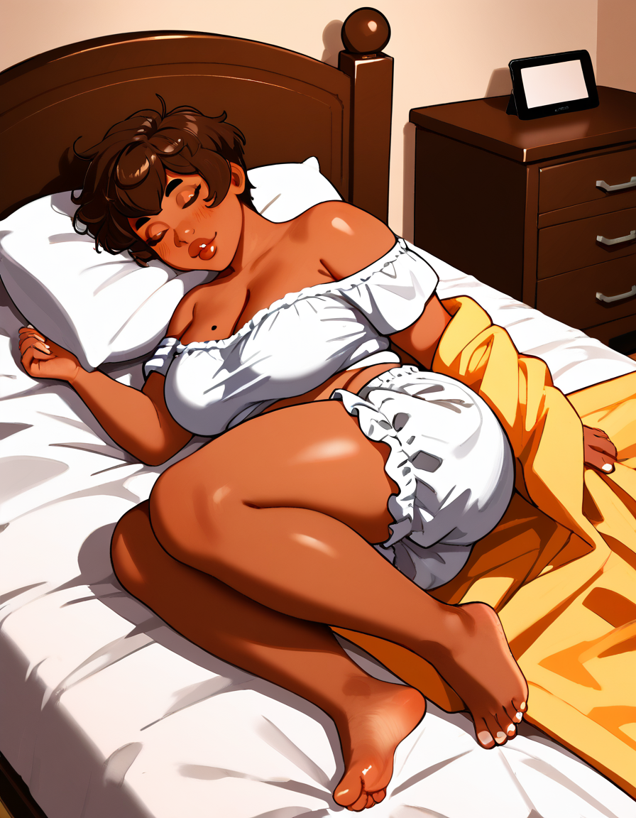 Ponyscores7, expressiveh, eva_jhai, 1girl solo, dark skinned female, plump, large breasts, thick thighs, belly, short neck, thick lips, short eyebrows, short hair, brown hair, mole on breast, full body, lying in bed, lying on side, under blankets, bedroom, detailed bedroom, sleeping, bare shoulders, bloomers, off shoulder