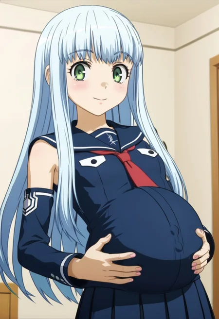 best quality, masterpiece, 4k, perfect lighting, very aesthetic, anime, anime coloring, official art, (anime screencap:1.5), (bedroom:1.5), happy, smile, (hands on belly:1.5)
(large pregnant belly:1.1),
ng_deepnegative_v1_75t,
<lora:iona.pony:1.5>, iona, small chest, detached sleeves, armpit, (blue school uniform:1.1), blue clothes
(volup girl:1.5),
(covered belly:1.5), (pregnancy clothes:1.5)