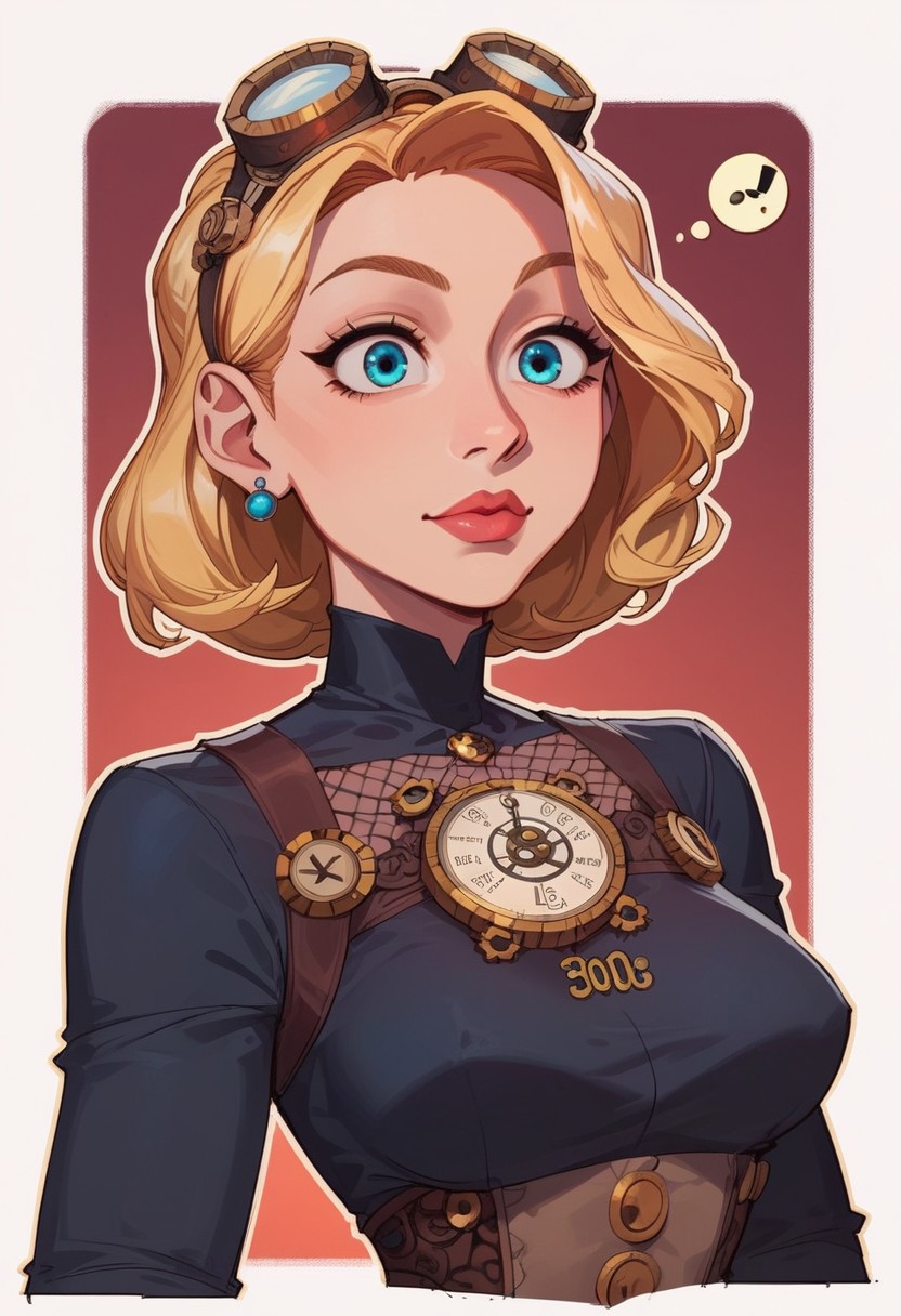 score_9, score_8_up,  score_9, score_8_up,     1woman, <mature face>, blonde, mature body, tall, clean eyes, clean eye lines,  Steampunk engineer, (thinking expression, calculating, think, doing math, smart face, intelligent ),    <revealing outfit>, thin waist, narrow shoulders, wide hips , goggles on top of head,  simple shadows, flat coloring, flat shadows, thick lines, white outline, perfect proportions, 