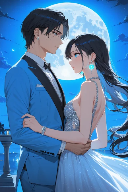 1girl, 1boy, black hair, dress, earrings, formal, full moon, glowing, glowing earrings, jewelry, long hair, looking to the side, moon, suit, masterpiece, best quality