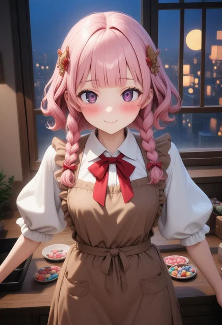 ((masterpiece), (best quality), (ultra-detailed),
illustration, 3DMM,
1girl, solo, pink hair, blunt bangs, curly hair, red bowtie , indoor, puffy sleeves,
white shirt, black pants, brown apron,
Purple eyes,
Indoor, more Candy's,
glossy, delicate frame, angelic appearance,
hair ornament,chiaroscuro shading, perfect body, dim natural light, night, window, soft smile, blushing,
absurdres, cowboy shot,
sharped eyes, sharp focus, angelic appearance, side braids, night, darkness)