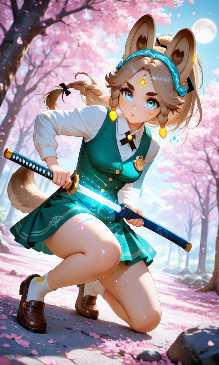 masterpiece, cute, lovely, (best quality:1.3), best quality, (amazing quality:1.3) ,very aesthetic, high resolution, absurdres, newest, 1girl, solo, perfect eyes, intricate eyes, Kachina_Genshin, animal ears, long hair, braid, high ponytail, brown hair, thick eyebrows, facial mark, blue eyes, parted bangs, tattoo, animal_tail, very cute, light particles, cute details, cute colors, (medium_breasts:1.3), BREAK, hairband, hair ribbon, black ribbon, white shirt, collared shirt, green vest, green skirt, socks, beautiful face, beautiful eyes, glossy lips, glossy hair, (full body:1.1), (release particles light:1.1), (floating particle light:1.1), rainbow glowing aura body, rainbow magic array, accurate anatomy, BREAK, katana, (detailed katana:1.2), sheath, drawing a katana, unsheathing a katana, (battoujutsu stance:1.1), dynamic pose, fighting stance, ready to draw, BREAK, cherry blossom tree, cherry blossoms, blowing in the wind, windy, midnight, moon light, (soft lighting:1.1), stars, vivid colours, gradient color, tense atmosphere, illuminated face, cinematic angle, dutch angle, dynamic angle