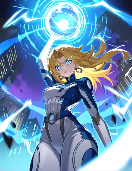 solo, (anime:1.3), close-up, evil smile, lightning, blue aura,
looking down, levitating ,from below, 
one arm above head,
wind, [energy|orb|prismatic], giant orb, cityscape, energy barrier, serious,
dark, night, shadow, subsurface scattering, volumetric lighting,
city, science fiction, outdoors,
 floating hair, parted lips, thighs, glowing eyes, eye trail,
hoop earrings,
blonde hair, long hair, blue eyes, 
cowboy shot,
two-tone bodysuit, 
masterpiece, best quality, very awa
<lora:invisiblewoman:1>