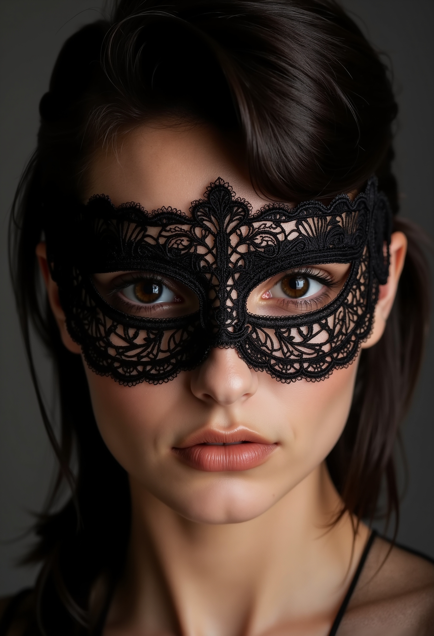 a stunning raven haired instagram model. Closeup of her face. Facing forward. Eye contact. Ultra high definition photograph. Warm photo studio light. clo012, wearing a black lace eye mask with delicate, symmetrical patterns,