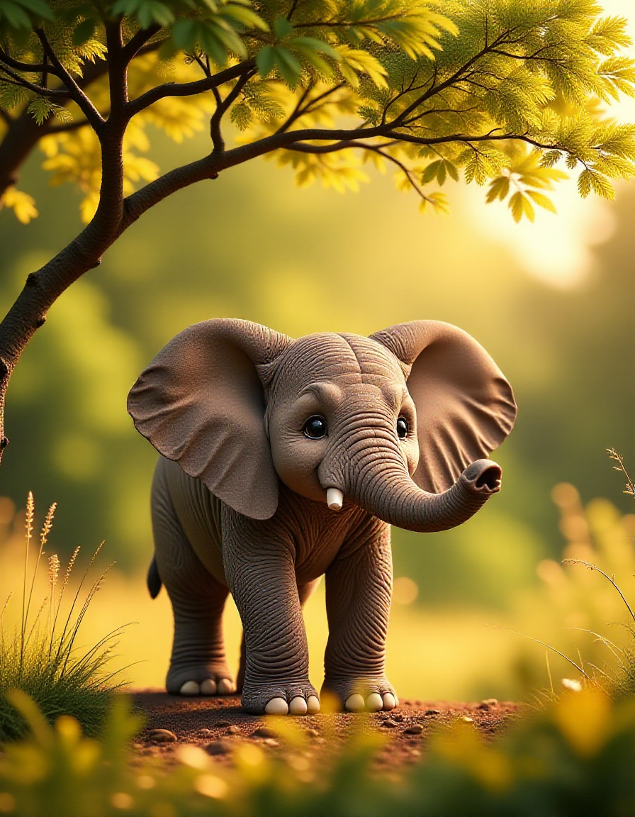 small zhibi elephant, standing under a small tree, in the shadow of the tree because its hot, sun shining hot <lora:zhibi_flux:1>