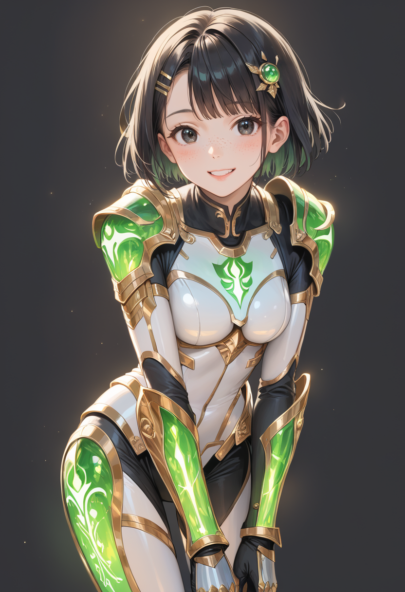 score_9, score_8_up, score_7_up, source_anime, masterpiece, best quality, perfect anatomy, very aesthetic, ((outlined outlined vector graphics)),no norm,
, cute face, (glow eyes:0.8), glittering, glimmering,, black background, cowboy shot, smile,__anlge__,
1girl, solo, 20yo, black hair, black eyes, short bob hair, hair pin,mdeium  breast, slender,(white thigh strap:1.1), bodysuit, glowing, nature, skin tight, freckles,, holy armor,  green  bodysuit,green holy light body, green holy light armor, green holy light, green holy light legs,gold armor , fantasy, walking ,  leaning forward ,  , , <lora:holy-light-armor-01:1>