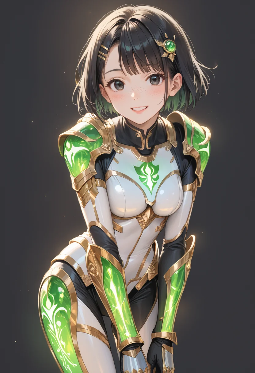 score_9, score_8_up, score_7_up, source_anime, masterpiece, best quality, perfect anatomy, very aesthetic, ((outlined outlined vector graphics)),no norm,
, cute face, (glow eyes:0.8), glittering, glimmering,, black background, cowboy shot, smile,__anlge__,
1girl, solo, 20yo, black hair, black eyes, short bob hair, hair pin,mdeium breast, slender,(white thigh strap:1.1), bodysuit, glowing, nature, skin tight, freckles,, holy armor, green bodysuit,green holy light body, green holy light armor, green holy light, green holy light legs,gold armor , fantasy, walking , leaning forward , , , <lora:holy-light-armor-01:1>