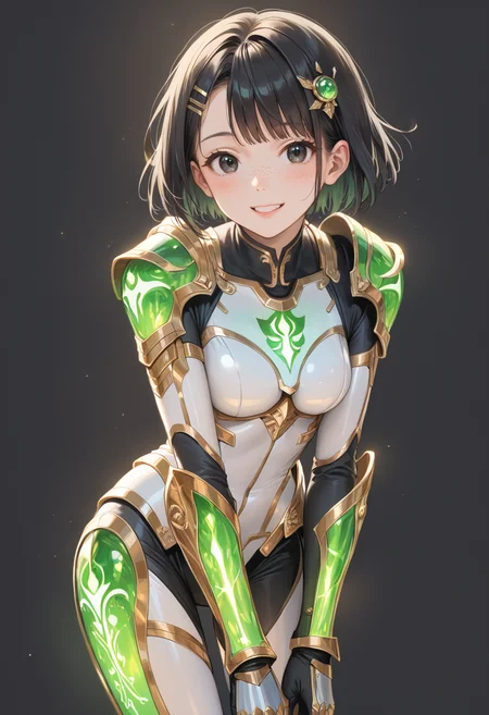 score_9, score_8_up, score_7_up, source_anime, masterpiece, best quality, perfect anatomy, very aesthetic, ((outlined outlined vector graphics)),no norm,
, cute face, (glow eyes:0.8), glittering, glimmering,, black background, cowboy shot, smile,__anlge__,
1girl, solo, 20yo, black hair, black eyes, short bob hair, hair pin,mdeium breast, slender,(white thigh strap:1.1), bodysuit, glowing, nature, skin tight, freckles,, holy armor, green bodysuit,green holy light body, green holy light armor, green holy light, green holy light legs,gold armor , fantasy, walking , leaning forward , , , <lora:holy-light-armor-01:1>