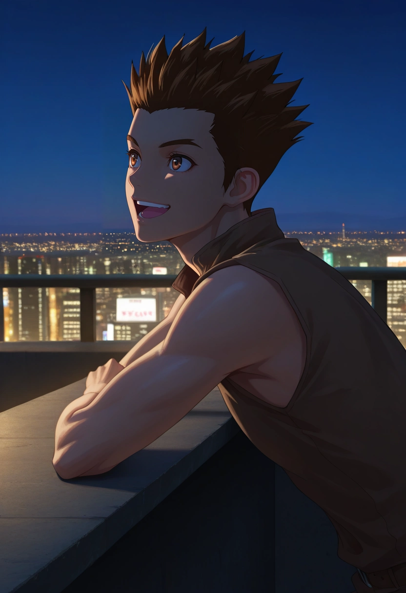 masterpiece, best quality, , (photorealistic:0.6), , 1boy, solo, male focus, <lora:taiju_ooki_ilxl:0.9>, taiju_ooki, brown hair, brown eyes, short hair, spiked hair, from side, city, city lights, dark, arm support, :D,