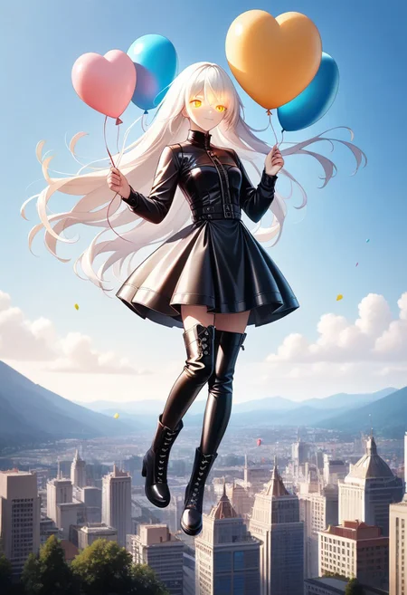 (masterpiece), (score_9, score_8_up, score_7_up,source_anime), best quality, ultra-detailed,24K, illustration, (Uncorrected), CG,
Latex, girl,
Multiple balloons, huge balloon, heart-shaped ballon.
(Girl holding string of balloons, floating, white hair, ultra-long hair, glowing eyes, amber eyes, ultra-detailed eyes:1.2), Chevalier dress, jacket, puntyhose, leather boots,
in Rooftop of Skyscraper, modern city, Skyscraper,