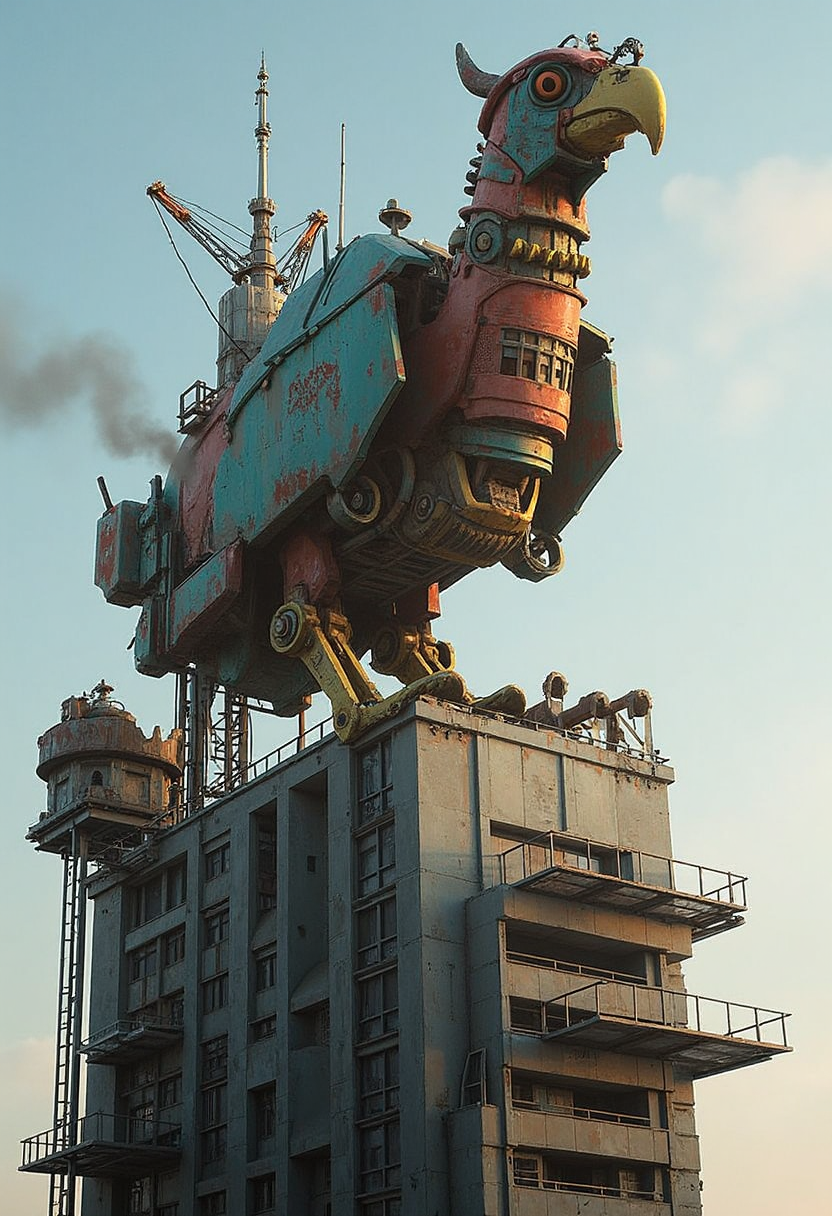 YFG-Hamrater A giant mechanical bird perched atop a crumbling skyscraper in a desolate urban wasteland. The dramatic lighting and the bird's intricate design echo Hamrish Frater's style.