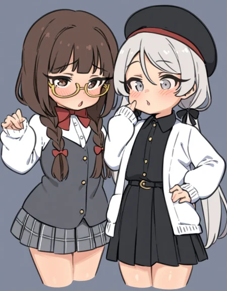 masterpiece, best quality, <lora:style578-a31-000020:1>,
multiple girls, long hair, 2girls, yellow-framed eyewear, shirt, brown eyes, twintails, , skirt, hat, low twintails, very long hair, holding, long sleeves, pleated skirt, white shirt, beret, glasses, grey hair, bangs, puffy sleeves, ribbon, plaid, black ribbon, bow, hand on hip, adjusting eyewear, collared shirt, black headwear, hair ribbon, dress, brown hair, puffy long sleeves, black skirt, arm up, brown-framed eyewear, dress shirt, cropped legs, parted lips, closed mouth, hair over shoulder, holding book, blush, grey skirt, book, heart, pink-framed eyewear, braid, red bow, plaid skirt, black shirt, tinted eyewear, collared dress, morikubo nono, grey eyes, grey-framed eyewear, sleeves past wrists, white jacket, white-framed eyewear, hand on eyewear, red-framed eyewear, bespectacled, object hug, cardigan, black dress, white hair, open mouth, semi-rimless eyewear