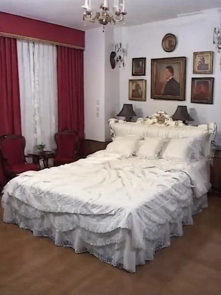 <lora:gyakutaiojisan_bed_AB_XL:1>,indoors,bedroom,bed,red curtains,picture frame,