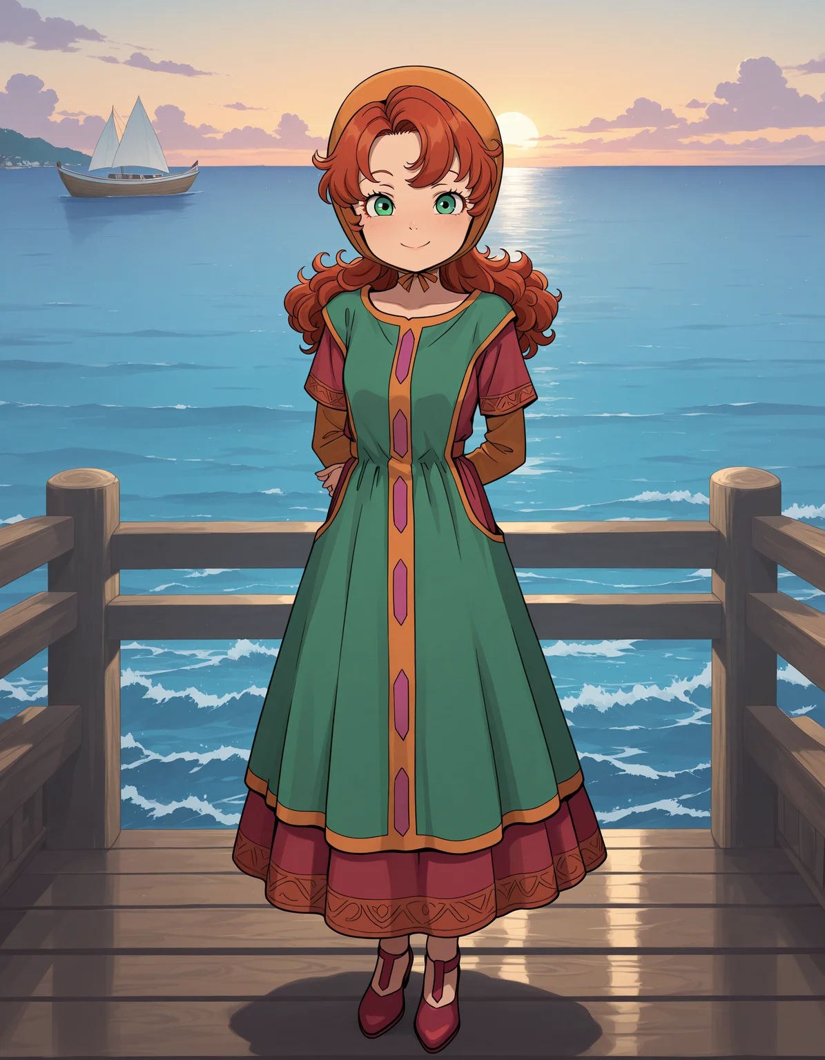 detailed face, masterpiece, best quality, very aesthetic, absurdres, volumetric lighting, official style, amazing quality, ultra detailed, highres, amazing quality, scenery, beautiful detailed hair, beautiful detailed eyes, detailed hands,
<lora:StS-Illustrious-Detail-Slider-v1.0:4>
outside, at a wooden dock, boat, ocean,
 <lora:Maribel_Mayde_Dragon_Quest_VII:1>
Maribel main clothing (outfit), Maribel Mayde (character), 1girl, solo, curly hair, dress, full body, long hair, smile, hood, green eyes, looking at viewer, standing, red hair