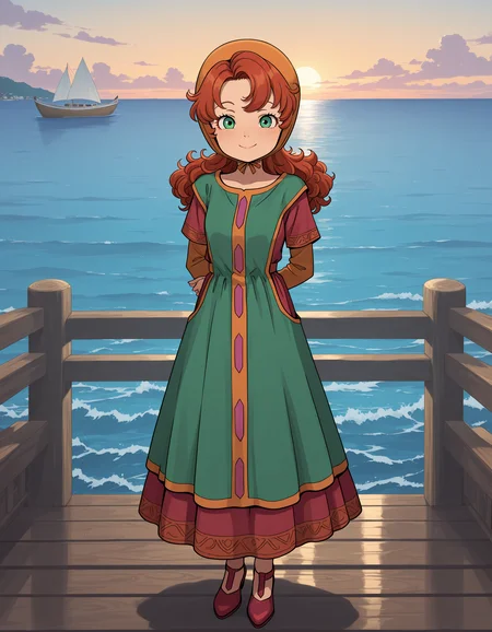 detailed face, masterpiece, best quality, very aesthetic, absurdres, volumetric lighting, official style, amazing quality, ultra detailed, highres, amazing quality, scenery, beautiful detailed hair, beautiful detailed eyes, detailed hands,
<lora:StS-Illustrious-Detail-Slider-v1.0:4>
outside, at a wooden dock, boat, ocean,
 <lora:Maribel_Mayde_Dragon_Quest_VII:1>
Maribel main clothing (outfit), Maribel Mayde (character), 1girl, solo, curly hair, dress, full body, long hair, smile, hood, green eyes, looking at viewer, standing, red hair