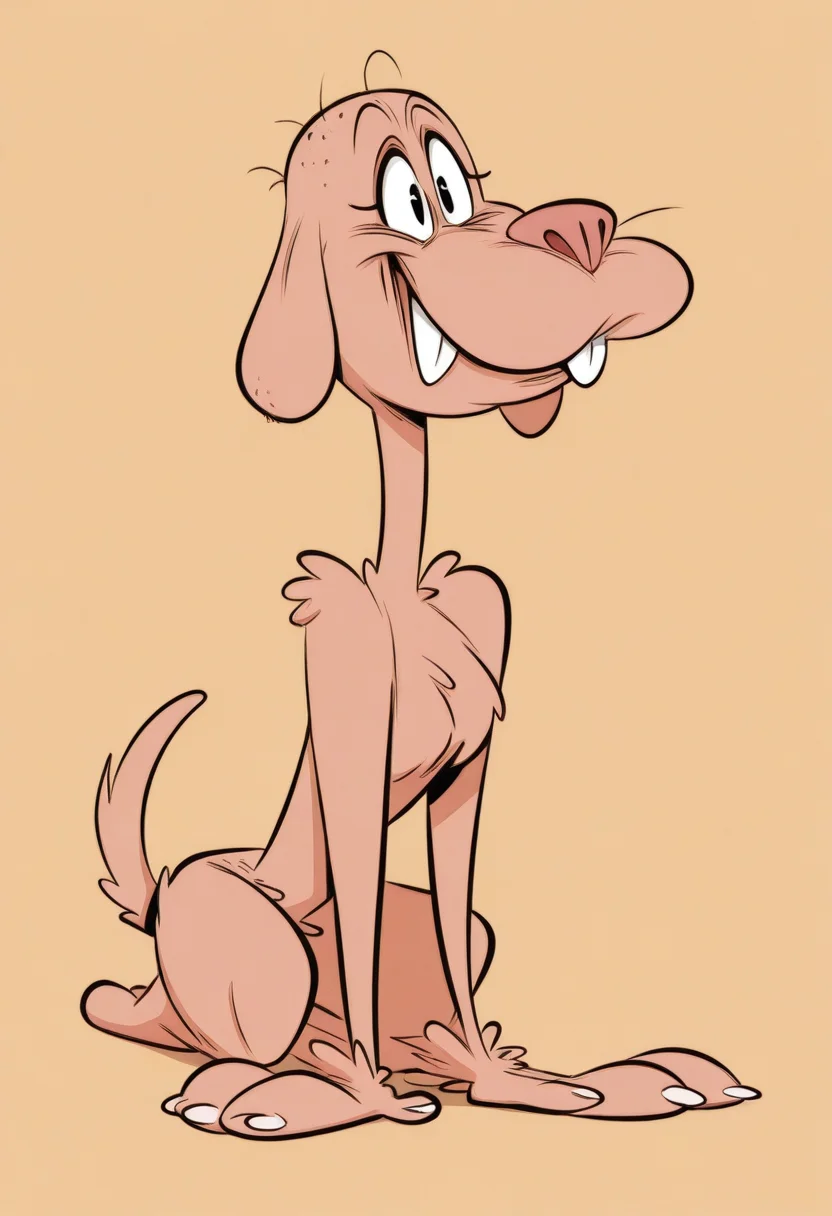 kricfalusistyle, masterpiece, best quality, solo,                                                                                                                                         dumb dog, ugly, fuzzy bald hair, lanky, buck teeth, 