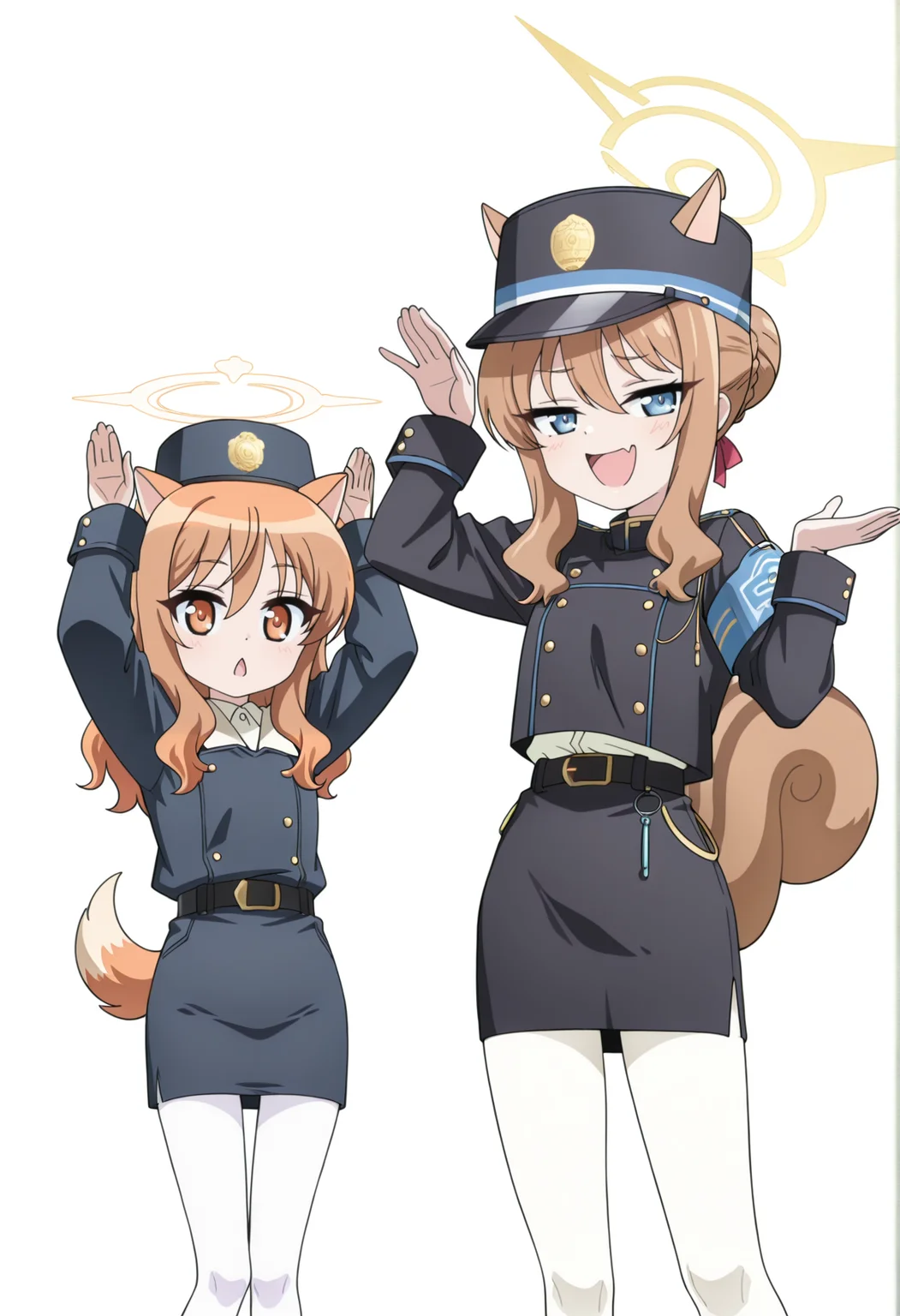 anime coloring, anime screenshot, 2girls, simple background, white background, 1girl, orange hair, orange eyes, dog ears, dog tail, hat, military uniform, pencil skirt, white pantyhose, halo, rabbit pose, chestnut mouth, looking at viewer, <lora:rico_dd:0.8>
BREAK
anime coloring, anime screenshot, 2girls, simple background, white background, 1girl, shrugging, hat, brown hair, blue eyes, squirrel ears, squirrel tail, single hair bun, ribbon, hat, military uniform, pencil skirt, white pantyhose, halo, flesh fang, smug, open mouth, half-closed eyes, looking at viewer, <lora:Tachibana_Nozomi_Blue_Archive:1><lora:Cou_DD:0.8>, masterpiece, best quality, amazing quality, very aesthetic, absurdres, highres, newest