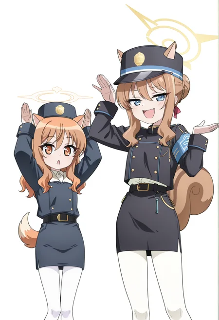 anime coloring, anime screenshot, 2girls, simple background, white background, 1girl, orange hair, orange eyes, dog ears, dog tail, hat, military uniform, pencil skirt, white pantyhose, halo, rabbit pose, chestnut mouth, looking at viewer, <lora:rico_dd:0.8>
BREAK
anime coloring, anime screenshot, 2girls, simple background, white background, 1girl, shrugging, hat, brown hair, blue eyes, squirrel ears, squirrel tail, single hair bun, ribbon, hat, military uniform, pencil skirt, white pantyhose, halo, flesh fang, smug, open mouth, half-closed eyes, looking at viewer, <lora:Tachibana_Nozomi_Blue_Archive:1><lora:Cou_DD:0.8>, masterpiece, best quality, amazing quality, very aesthetic, absurdres, highres, newest