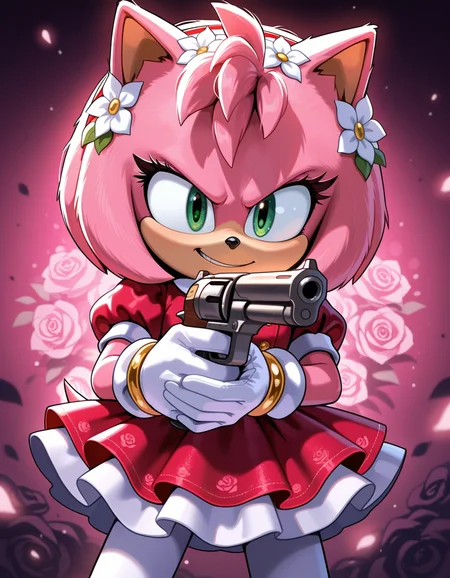 1girl, solo, full body, no humans,
<lora:Movie-Amy:1> movieamy, pink fur, green eyes, animal nose, body fur, hedgehog tail, petite, short legs, short hair, bob cut,
white gloves, fairy tale outfit, velvet dress, puffed sleeves, white pantyhose, floral headpiece,
holding gun, cowboy shot, serious expression, extremely detailed, highres, masterpiece, best quality