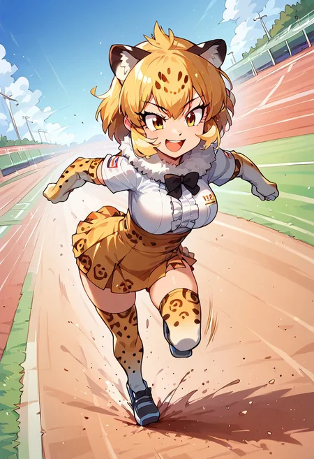 1girl, ((solo)) best quality, ultra-detailed, extremely detailed, perfect anatomy, masterpiece, score_9, score_8_up, score_7_up, jaguar (kemono friends), animal ears, jaguar ears, blonde hair, short hair, bangs, jaguar print, multicolored hair, tail, jaguar tail, white shirt, frills, skirt, high-waist skirt, print skirt, fur collar, center frills, gloves, elbow gloves, print gloves, short sleeves, black bowtie, thighhighs, animal print, print legwear, shoes, confident smile, confident look, eager, excited, outdoors, track and field background, (running_track:1.3), foot racing, dutch angle, standing, leaning forward, crouched forward, (about to pounce:1.3), full body, extended long shot, full-portrait shot, looking away from camera, side view, motion lines,