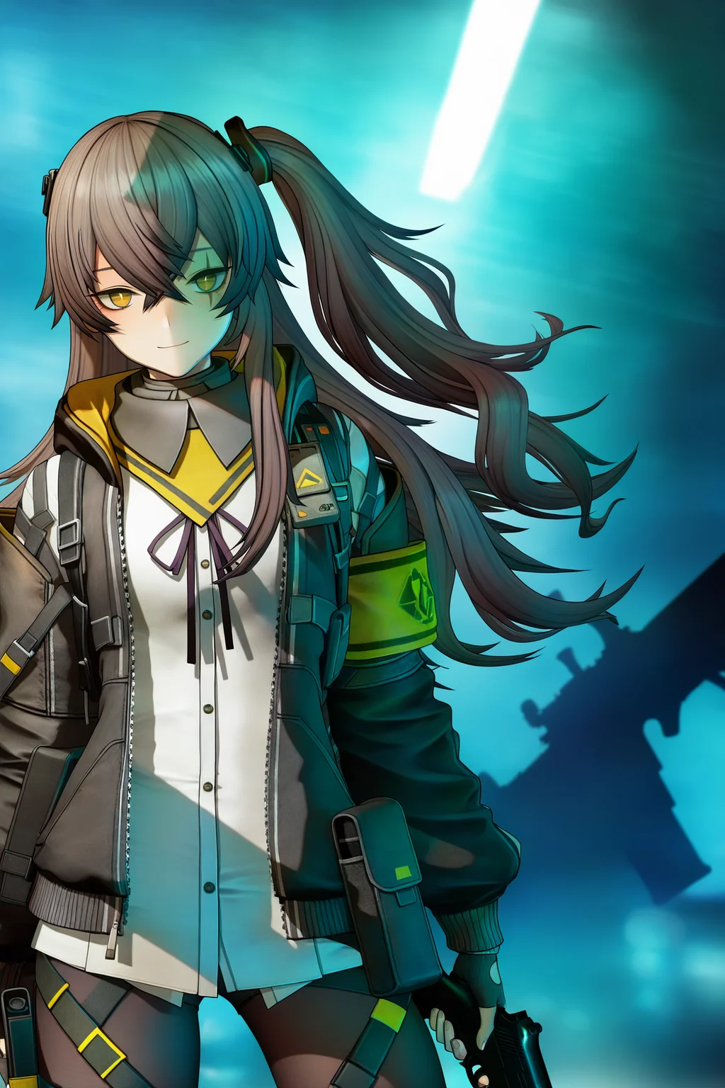 source_anime,masterpiece,best quality,uncensored,detailed shadows,complex background CG,HD wallpaper,extremely detailed,high definition,amazing quality,very aesthetic,absurdres,highres BREAK
intricate details,anime coloring,detailed eyes,anime screencap,anime coloring,anime studio,
1girl,ump45 \(girls' frontline\),hair between eyes,yellow eyes,scar across eye,long hair,brown hair,grey hair,scar on face,black jacket,white shirt,one side up,yellow armband,armband,small breasts,flat chest,black pantyhose,<lora:SQ2:1>,3D,SQ2,holding, weapon, holding weapon, gun, holding gun