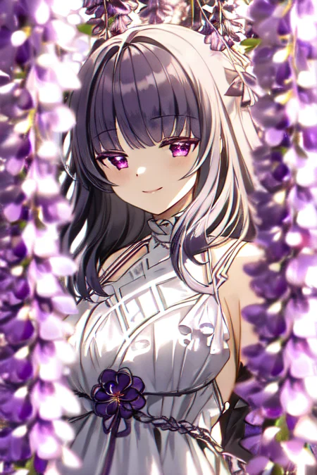 <lora:silenceGirlStyleLora2D_silencegirlV2:1>, 1girl, lavender hair, magenta eyes, upper body, white dress, wisteria flowers, upper body, smiling