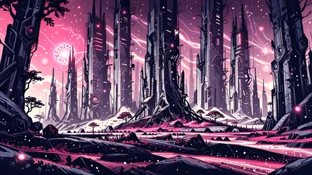 score_9,score_8_up,score_7_up,highres,absurdres,aestheticism,
<lora:Far_Future_Sketch_Illustrious__Pony:0.6>,monochrome,rough sketch,monochromatic,desaturated,messy line art,lat color,sci-fi,<lora:Landscape_Ink_Pony_r1:0.6>,<lora:retro-neon-style:0.6>,retro_neon,
enormous prismatic crystal trees,violet twilight sky gradient,camera looking up through fractured canopy,light refraction patterns on mossy ground,bioluminescent fungi clusters,shallow depth of field with foreground crystal shards,(neon pollen particles:1.3),art nouveau plant forms,chromatic aberration effect,(glowing sap rivers:1.1),surreal iridescent fog,