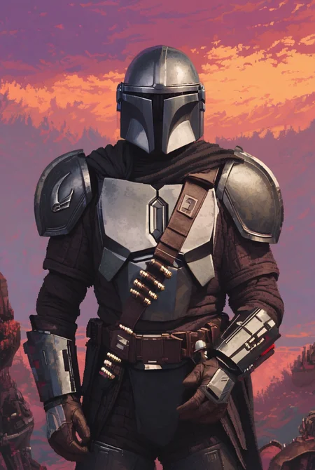 The Mandalorian, solo, gloves, 1boy,  helmet, science fiction,
 armour, gunmetal armour trim, intricate patterns, highly precise
Thunder, purple sunset, yellow lighting, pink reflections
[pixel art,  detailed,]
  <lora:d3p1x3lXLP:1>  <lora:The Mandalorian PONY:1>