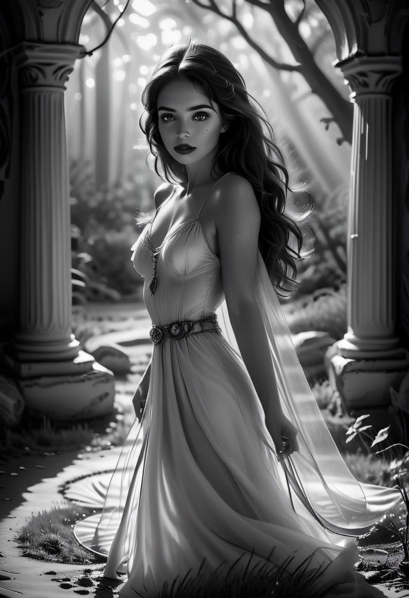 Artistic lights and shadows design, a photograph of brunette belle posing in a fantastical landscape. Belle. Contemporary artistic photography. Black and white grainy photograph, sharp focus, depth of field. Beautiful light. Experiment with different camera angles. Shot on a Hasselblad medium format camera 85mm f 2.0. Black and white. Realistic film grain. Experiment with different fantastical settings and camera angles. --ar 4:5 --v 6