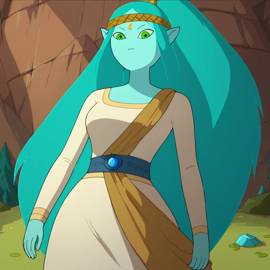 score_9, score_8_up, score_7_up, 1girl, Canyon, giant, giantess, colored skin, blue skin, long hair, aqua hair, green eyes, pointy ears, medium breasts, narrow waist, wide hips, looking at viewer, highres, high quality, masterpiece, <lora:Canyon:1>