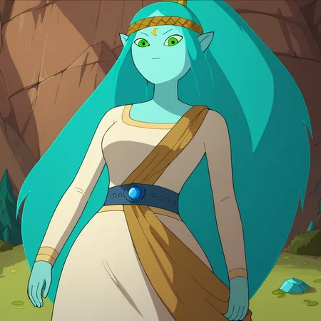 score_9, score_8_up, score_7_up, 1girl, Canyon, giant, giantess, colored skin, blue skin, long hair, aqua hair, green eyes, pointy ears, medium breasts, narrow waist, wide hips, looking at viewer, highres, high quality, masterpiece, <lora:Canyon:1>