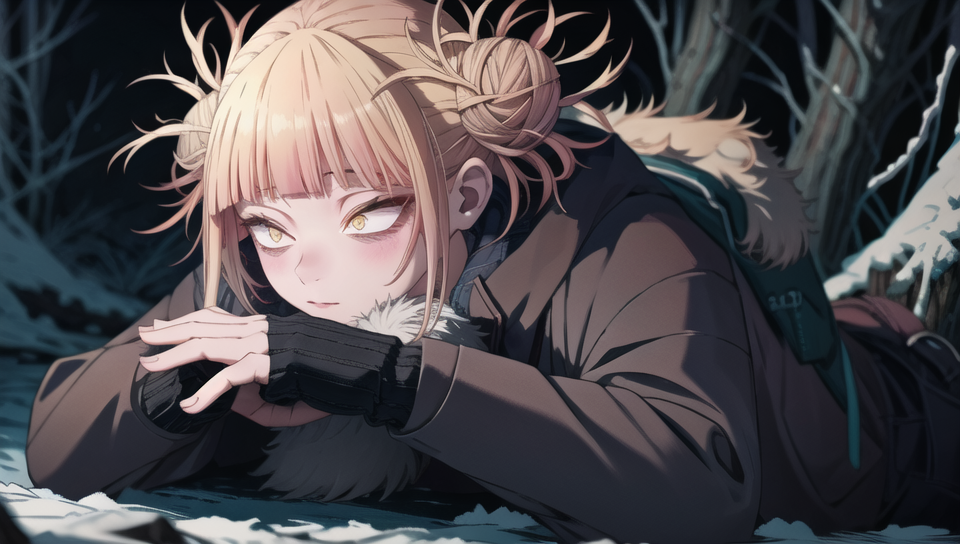 1girl, (snowstorm:1.2),  (dark forest:1.2), snow,  <lora:TogaHimikoLoRA:1>, snow falling, winter, night, dark, amazing background, blond hair, stands in the center, Best Shadows, Shallow Depth of Field,Beautiful eyes, detailed eyes, red winter jacket, black backpack warmly dressed, without a hat, (perfect hands:1.2), night, dark, (Solo:1.3), (realistic:1.3), epic realistic, detailed, 4k,  <lora:Bloodstainai:0.8>,  <lora:LowRA:1.0>, <lora:GoodHands-vanilla:1>