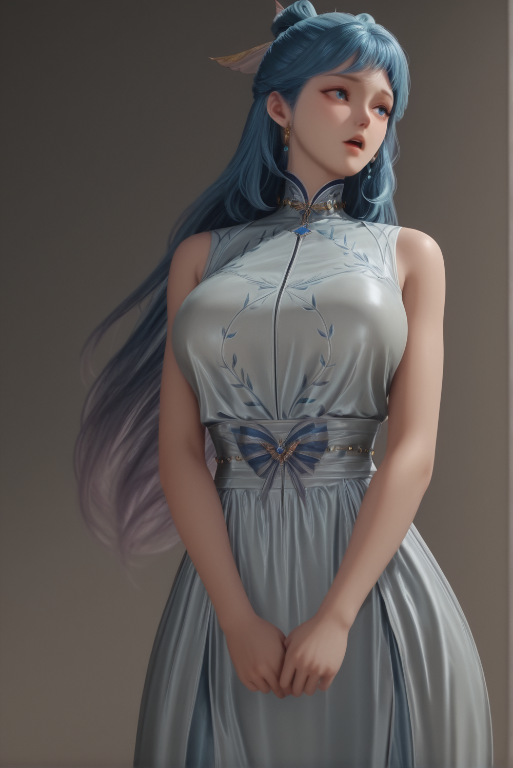 <lora:Wang_Donger:1.2>, wangdonger, woman, 1girl, girl open mouth, girl blush, girl blue eyes,  girl blue hair, girl long hair, looking at another, s2 dress, very detailed face, mature woman, beautiful skin, (fair skin:1.5) , detailed eyes, (huge breasts:0.8), slender, curvy, bare shoulders, bare neck,  , ultra detailed, high resolution, best quality, realistic anime style, perfect face, face focus,  girl jewelry, girl earrings, upper body, narrow waist, 
 cowboy shot,  day, outdoor, sunny, sunlight, bright light, detailed background,  front view, behind view,