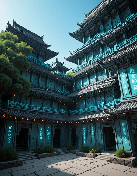 <lora:CWMinis01v2illa:1> cw01mini, hologram tree, colorful, vegetation, chinese, chinese temples, glowing kanji, glow, illuminated, day, neons, too many wires, tubes on walls, low angle shot, photo, mist, persons, blue sky, sunny day, glowing runes, lake,