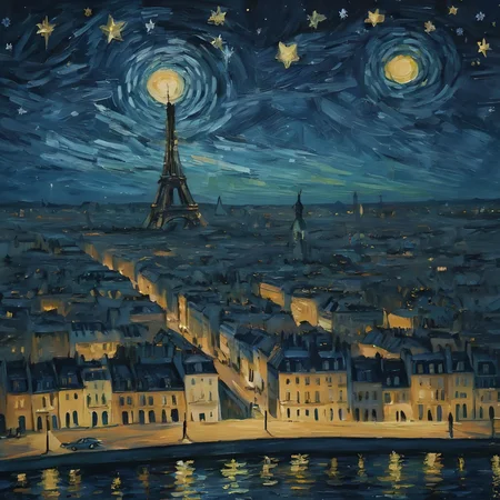 <lora:vncnt:1>, vncnt style, paris at night, stars, night sky