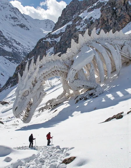 Photograph ,glow, A colossal, skeletal dragon, bleached white by the elements, sprawls across a snow-laden mountain pass. Hyper realistic detail in a muted palette of icy blues and greys, the behemoth's skeletal structure, reminiscent of gothic cathedrals, should be awe-inspiring and dreadful. Two diminutive figures, clad in furs, traverse the snowdrift below, dwarfed by the sheer magnitude of the fallen titan. Employ a wide-angle lens, capturing the vastness of the wintry panorama with its cerulean sky and distant peaks. Focus on the juxtaposition of the minute figures against the colossal dragon, emphasizing the ephemeral nature of life against the backdrop of time. Light streams through the skeletal ribcage, casting long shadows across the snowdrifts. Enhance the scene with a palpable sense of desolation and wonder, as if the very air whispers tales of ancient battles and fallen gods.