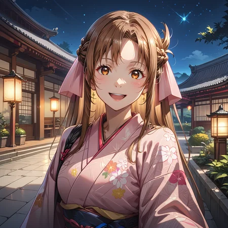 score_9, score_8_up, score_7_up,source_anime, <lora:age_slider_v4:1.5>, <lora:lowlight_1721964122_1721964450_dim32_sv_fro_dp0.92_1721964790_1722820361:1.2>, starry sky, glowing colored lamps, depth of field, <lora:Between pencils and semi-realism:0.8> stbedap, asuna \(sao\), brown hair, long hair, brown eyes, pink hair ribbon, (pink kimono:2), floral print, white trim, black sheer pantyhose, reaching towards viewer, head tilt, smile, upper teeth only, (upper body:1.2), dutch angle, <lora:Japanese_Garden:0.7> japgab, scenery, east asian architecture, garden