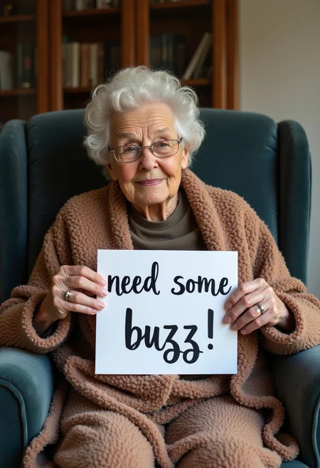 grandma sat on a chair,blanket, holding a sign say "need some buzz"