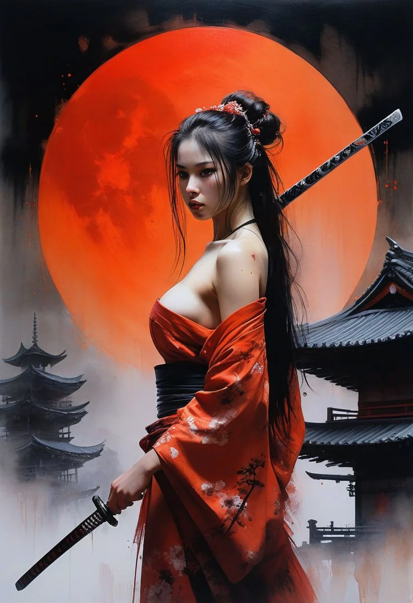 Luis royo style, acrylic paint and spray paint, 8K, rule of thirds, intricate, dark lighting, Flickr, well focused, atmospheric, dramatic, very detailed, 1 girl, 20yo, make-up,very beautiful, make-up, reflection,low angle,sword reflection,samurai,long hair,kimono,strapless,traditional architecture,night,(red moon:1.1),(fog:1.4),(silhouette:0.8) ,(expressionless:1.3),(ghost:1.1),red fire,,fantasy, high contrast, ink strokes, explosions, overexposure, orange and red tone print, abstract, ((watercolour painted by John Berkey and Jeremy Mann )) brush strokes, negative space, detailed face, perfect face, cleavage, solitary focus, (close up:2)