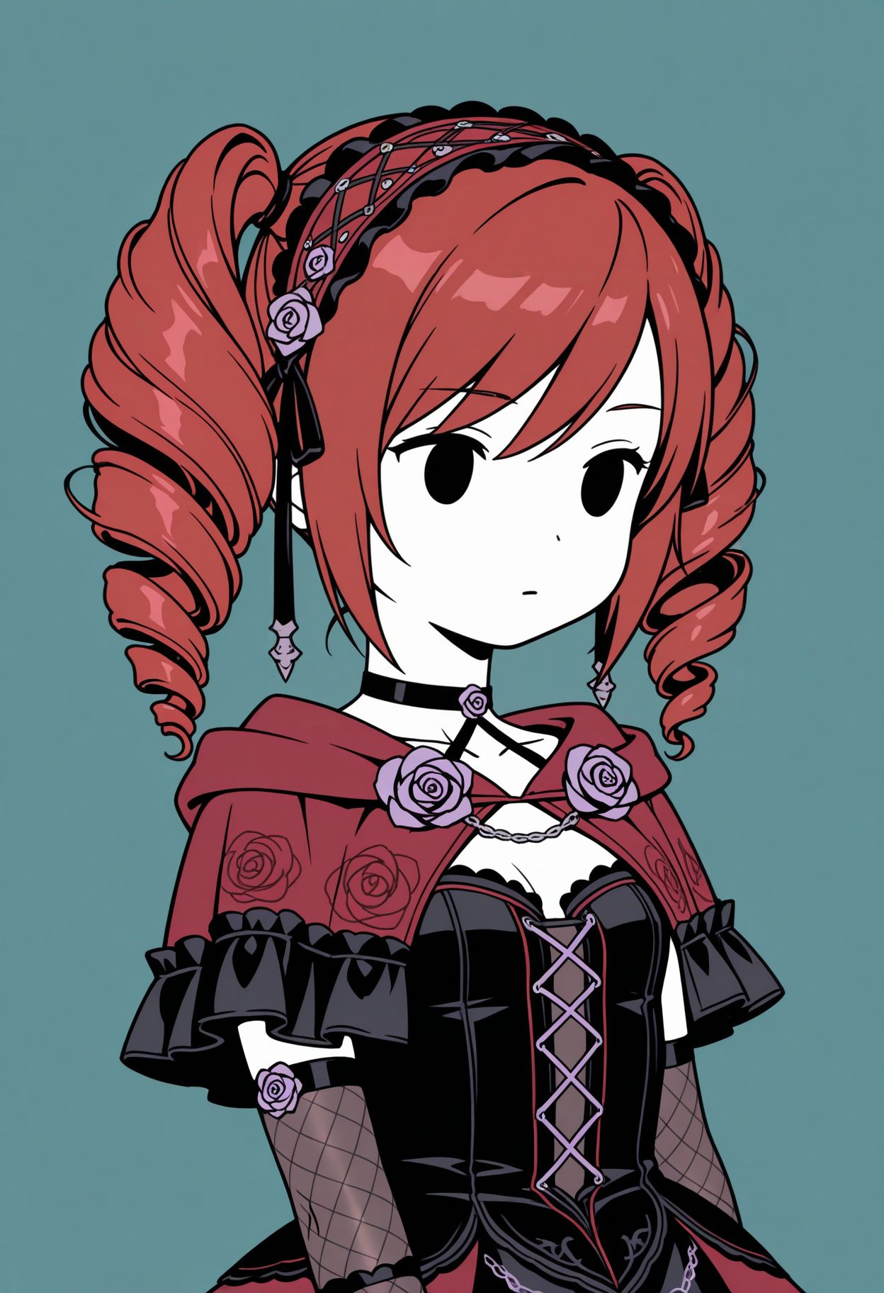 masterpiece,amazing quality,best quality,ultra-detailed,
chibi, flat colors, limited palette, simple background, 1girl, solo, three quarters view,   solid oval eyes, upper body, portrait,
<lora:Amy Illu:1> 1girl, twintails, drill hair, red hair, twin drills, choker, flower, rose, hairband, pantyhose, hairband, elbow gloves, black gloves, fishnets, gothic , dress, fashion