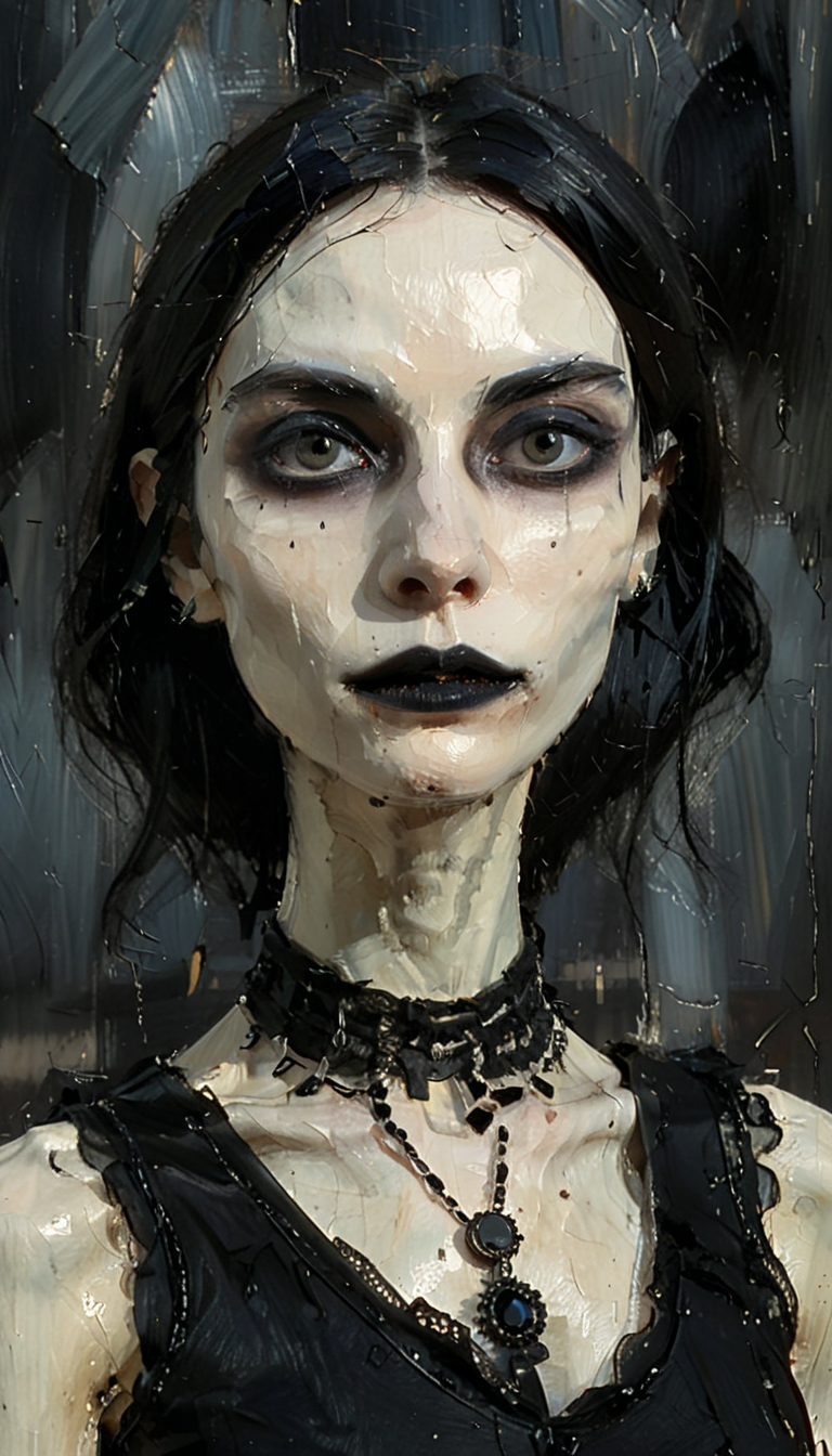 positiv Clip L:
 an award-winning close-up, face, skinny, Gothic, woman, an award-winning
positiv Clip G:
 an award-winning an impressive close-up of the face of a skinny Gothic woman that captivates the viewer. Her pale, porcelain-like skin appears almost supernatural, while her dark eyes exude depth and penetration , an award-winning